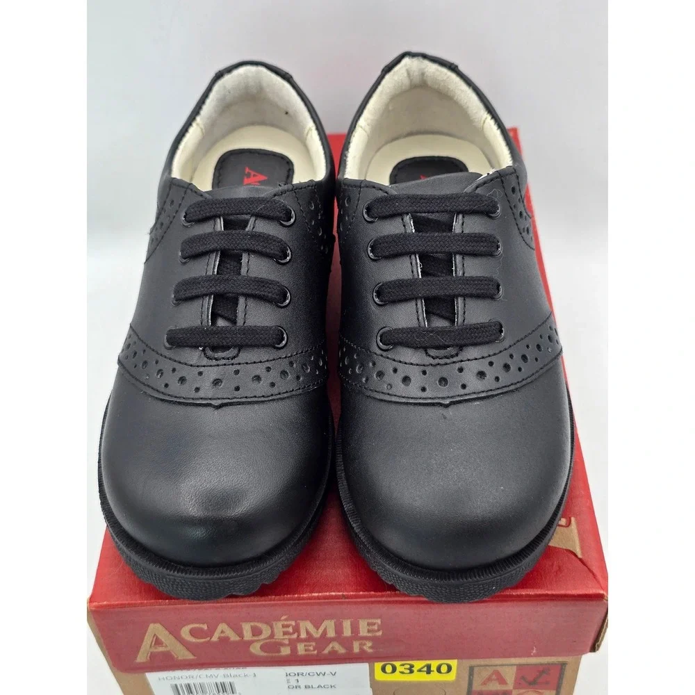 Academie Gear Honor Saddle Shoes Kids Size 1 Black Leather Uniform - New